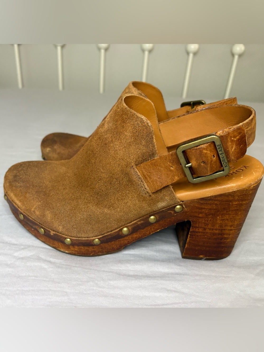 Kork-Ease Clog Sandals 8M Brown Suede Leather Wood Heel Studded